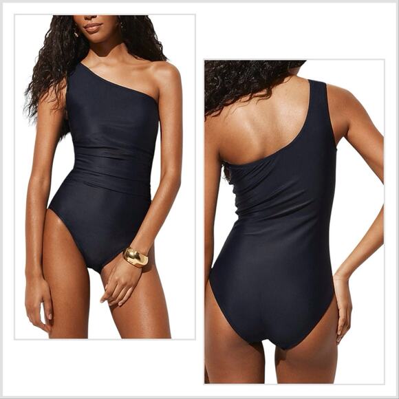 J. Crew Sz 12 Navy Blue Sleek Ruched One Shoulder Swimsuit One Piece Full Seat
